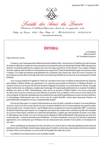 Bulletin trimestriel des Amis du Louvre du 4ème trimestre 2007