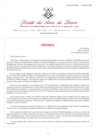 Bulletin trimestriel des Amis du Louvre du 1er trimestre 2009